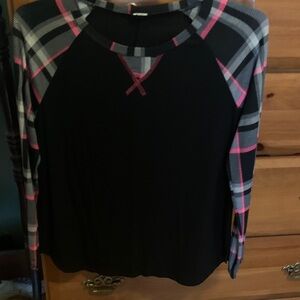 Sew In Love Black Top with Pink Plaid Sleeves